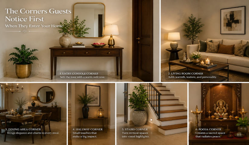 Styled entryway corner with decorative vase — first corner guests notice