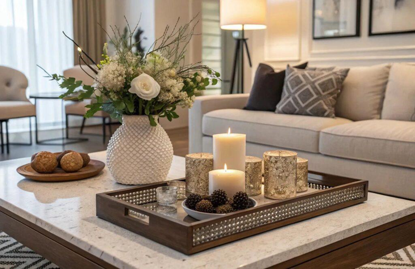 Coffee table styled with decorative centerpiece