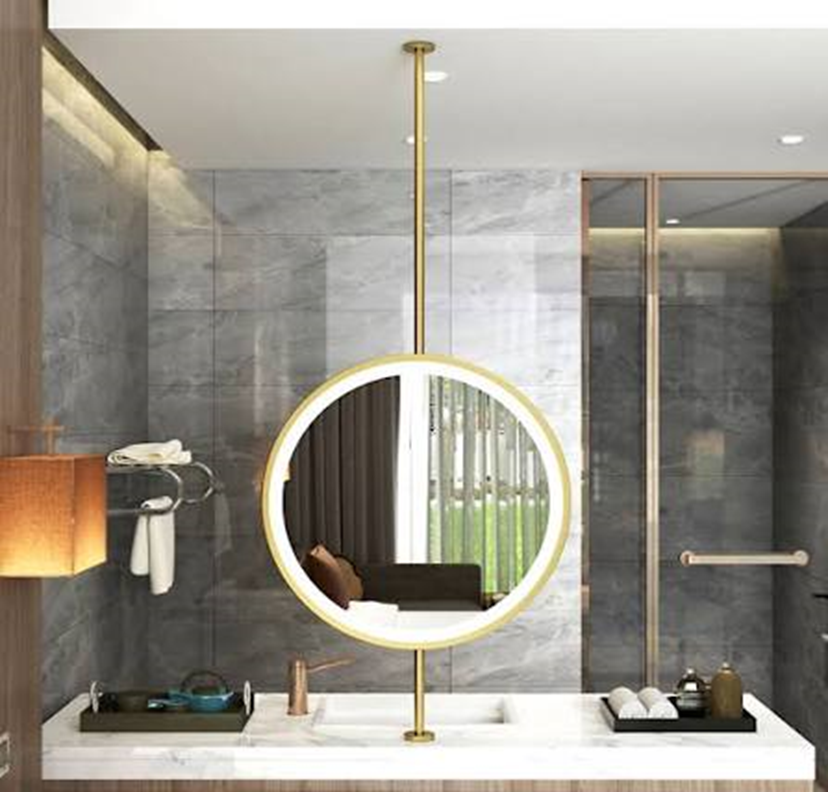 Round wall mirror with metal hanging rod for bathroom